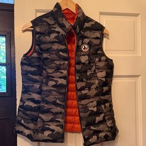 Camouflage Puffer Vest with Orange Lining